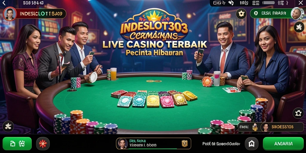 Screenshot menunjukkan dealer langsung dan gameplay seru di INDESLOT303.