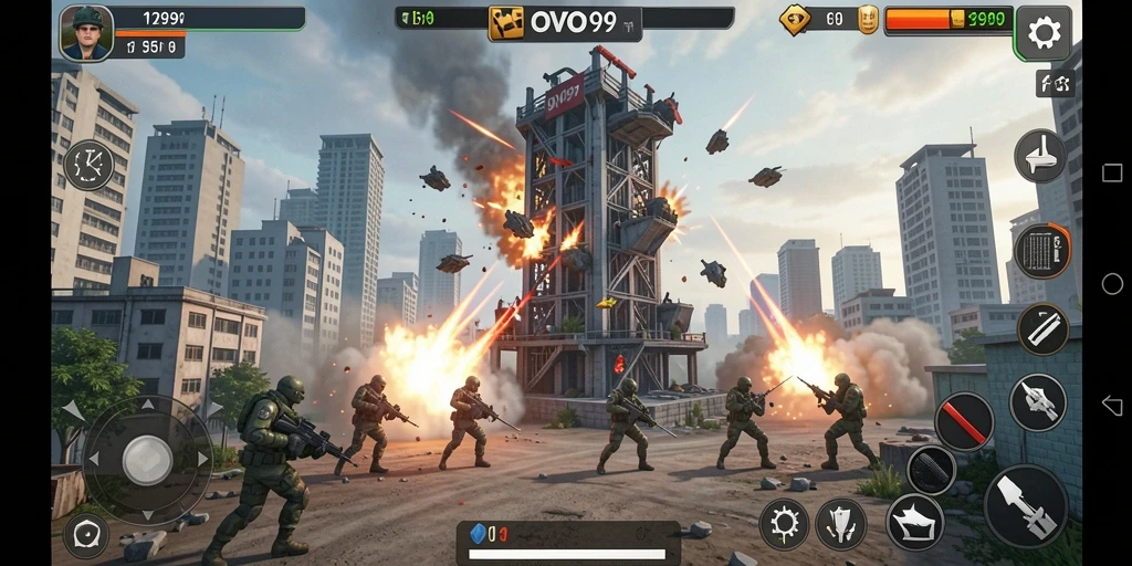Gambaran gameplay OVO99 di mana pemain membangun pertahanan menara.