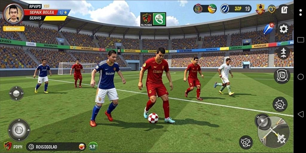 Screenshot RPVIP5 menampilkan aksi seru di lapangan sepak bola.
