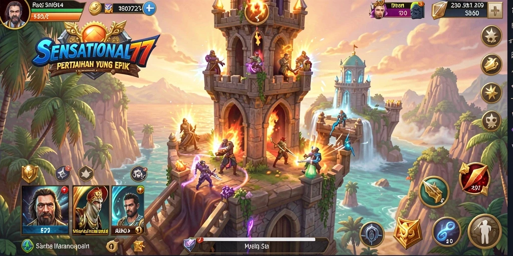Screenshot gameplay SENSATIONAL77 yang menunjukkan pertahanan menara yang strategis.